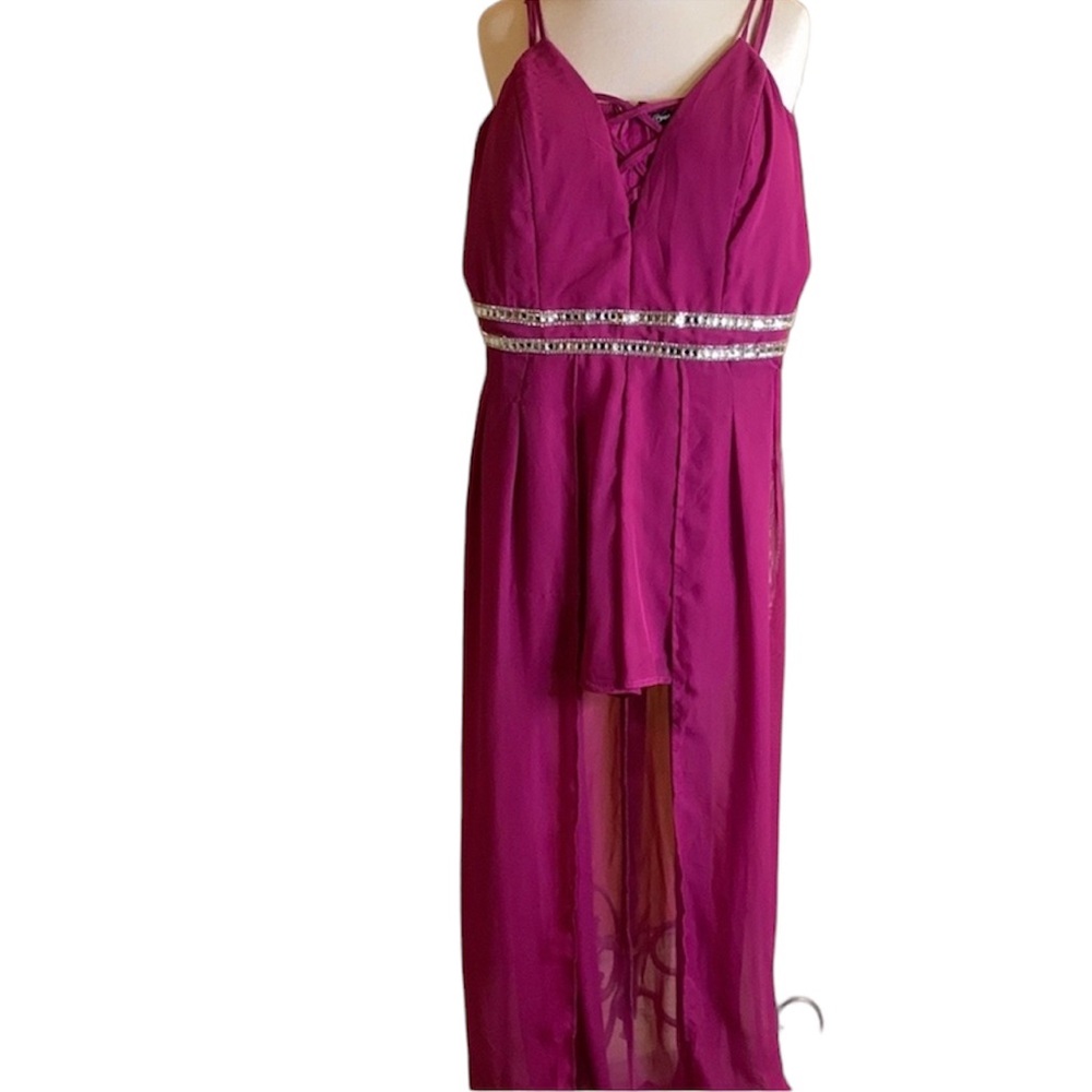 Crystal Doll Raspberry Pink/Purple Strappy Shorts Formal Romper with Train